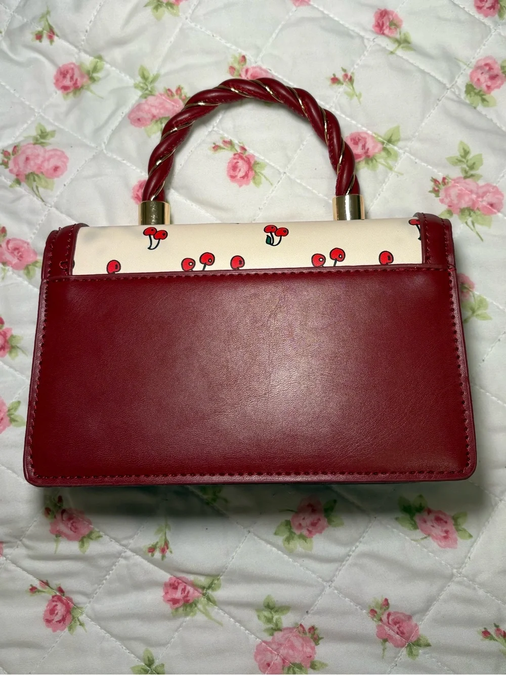 Cherry-Print Cream and Red Top-Handle Clutch